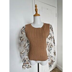 ANTHROPOLOGIE Maeve Size M Contrast Sheer Sleeve Floral Cable Knit Sweater Fall